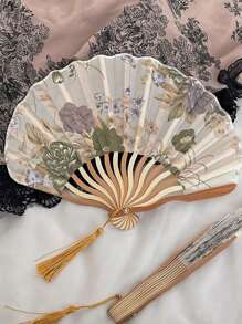 Random 1pc Chinese Style Ink Painting Folding Fan, Portable Handheld Fan With Seashell Decor, For Summer And Traditional Costume