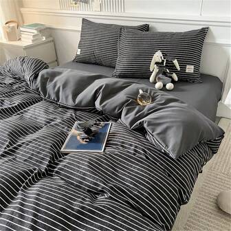 4 Pcs Set Super Soft Striped Bedding Set, Including 1 Duvet Cover, 1 Bed Sheet, 2 Pillow Cases, Suitable For All Seasons
