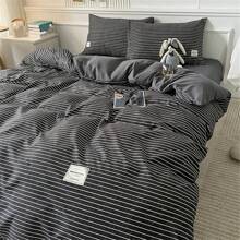 4 件套超柔软条纹床上用品套装，包括 1 个羽绒被套、1 个床单、2 个枕套，适合所有季节 - 黑與白 - 查看 4