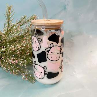 1pc, Cow Print Drinking Glass With Lid And Straw, 16oz Can Shaped Water Cup, Iced Coffee Cup, For Tea, Juice, Milk, Birthday Gifts, Drinkware