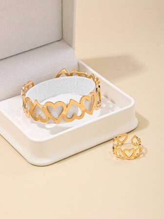 1 套时尚简约多功能金属不对称镂空心形开口袖口手链戒指首饰，非常适合约会、生日派对、送给女朋友、母亲的礼物以及工作穿着。