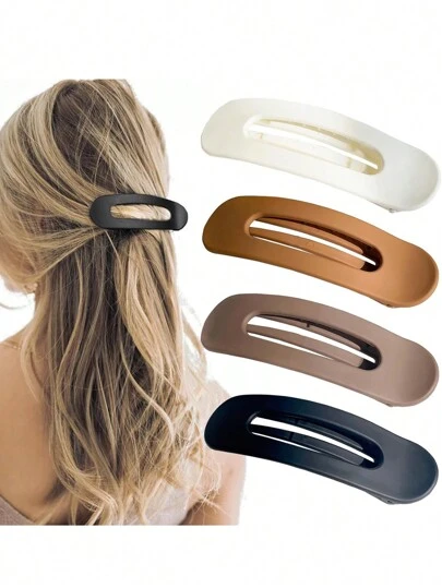 4pcs Women's Non-Slip Flat Large Lightweight Plastic Hair Clips In Black, White, Khaki, And Brown, For Simple Yet Elegant Hairstyles, Suitable For Daily Wear, Casual Parties, Work Commutes, Washing Face, Bathing And Makeup,Hair Accessories,Hair Barrettes Claw Clips, School Stuff, College, Head Accessories, Hairpin