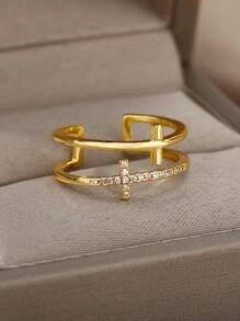 Shiny Opening Cubic Zirconia Double Cross Rings For Woman Gold Color Stainless Steel Ring Luxury Wedding Ring Jewelry Gift Bague - Yellow Gold - View 5