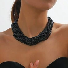 1pc Bohemian Style Multi-Layered Black & White Beaded Choker Necklace - Black - View 6