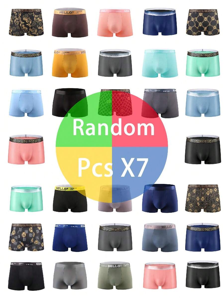 7 Pieces Of Random Men's Essential Long Boxing Shorts - Fashionable And Novel Random Print Pattern, Elastic Fit, Soft And Breathable, Comfortable Daily Sports Boxing Shorts, Very Suitable For Daily Wear - Multicolor - View 1