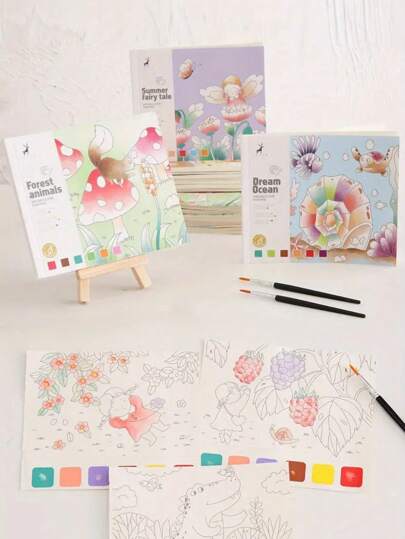 20 Sheets Creative Watercolor Paint Set And Paintings Book, 5.91" X 5.12" Cartoon Notebook Sketchbook With Unique Patterns On Each Page, Watercolor Paper With Brushpaint With Water,Drawing Book Kids,Coloring Books,Back To School