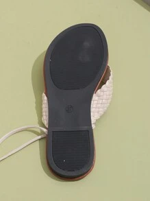 Sandalias romanas planas casuales y elegantes para mujeres con tiras tejidas para la playa - Beis - Ver 7