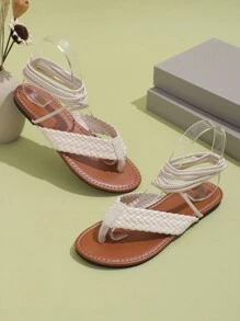 Sandalias romanas planas casuales y elegantes para mujeres con tiras tejidas para la playa - Beis - Ver 2