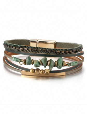 Una sola pieza de pulsera verde para mujer de diseño de tubo de latón con cordón de vaca y cuentas de piedra natural de estilo europeo y americano para playa de verano