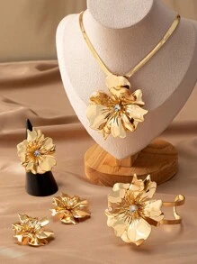 5 cái/bộ Đính đá Cubic Zirconia thời trang & Trang trí hoa ngọc trai giả được thiết kế thanh lịch Bộ trang sức nữ cao cấp, hoàn hảo làm quà tặng cho buổi hẹn hò và kỳ nghỉ - Vàng - Xem 3
