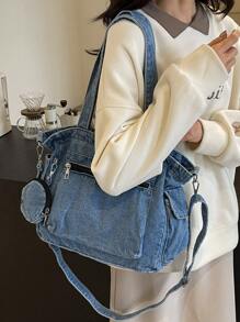 DareSee Sac fourre-tout en denim de couleur unie avec plusieurs poches pour femmes, incluant un porte-monnaie, pour festival de musique, festival Y2K, rentrée scolaire, cadeaux d'automne et d'hiver, festival de musique, rentrée scolaire - Bleu azur - Voir 5