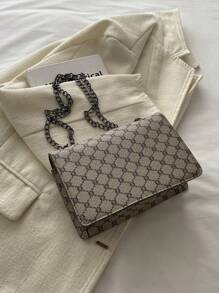 復古時尚印花迷你方形袋帶硬鎖閉合蓋子開口金屬鏈極簡肩背袋適合女性日常使用