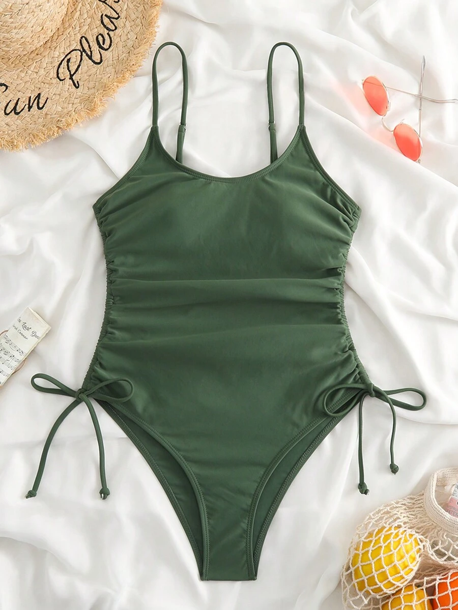 女士性感單件泳衣，帶調節束繩和肩帶，夏季沙灘服裝 - 綠色 - 查看 1