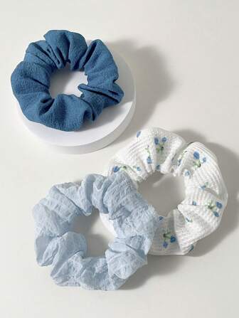 3件套女士纯色蓝色花朵可爱优雅大号发圈套装，柔软亲肤，呵护秀发。适合任何场合。发圈、马尾辫固定器、发圈、橡皮筋、发圈、发绳、弹性发圈、发球、头饰