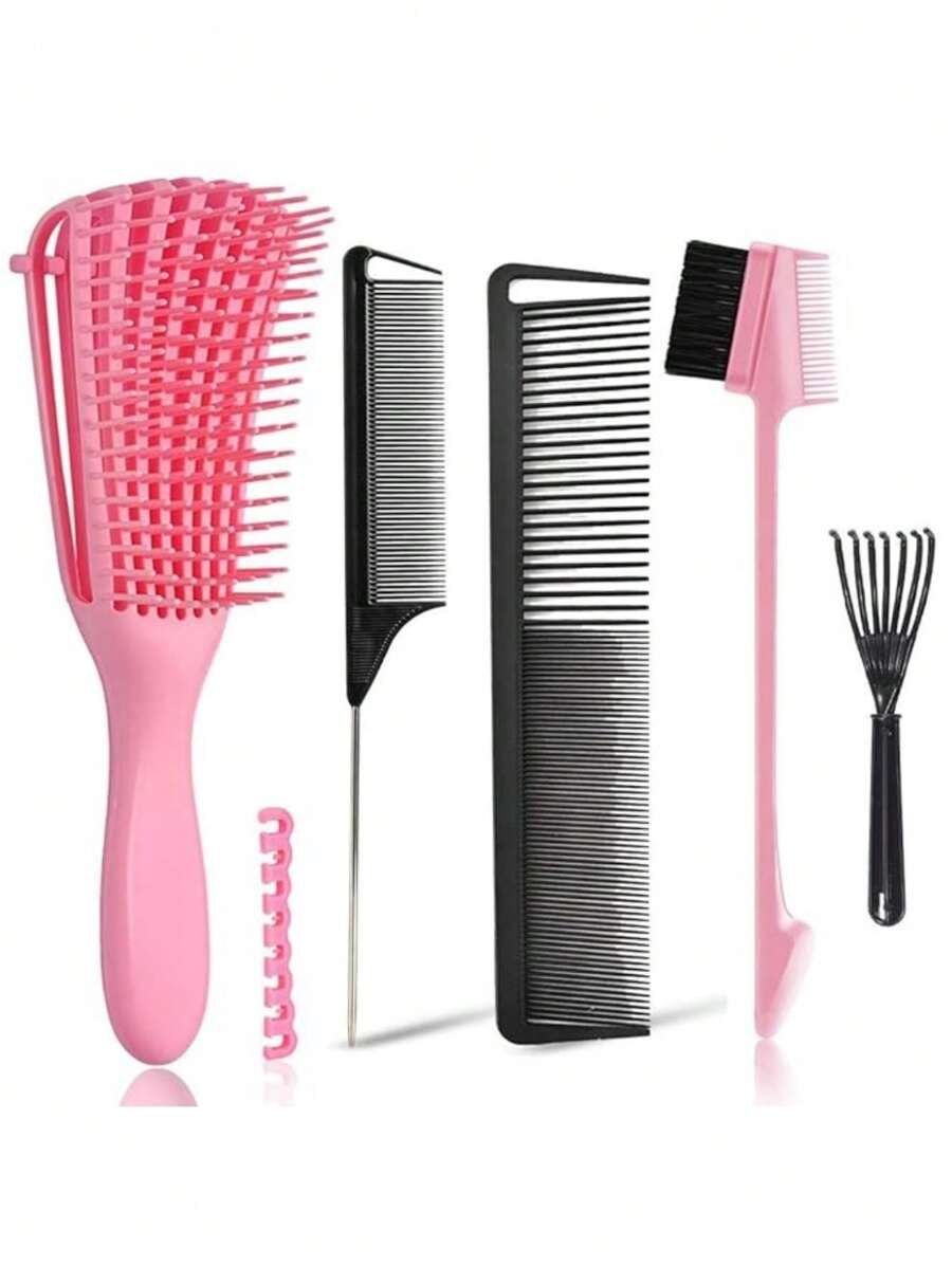 6pcs Detangler Brush With Edge Brush, Rat Tail Combs Set For Natural, Curly, Wet/Dry, Black Hair