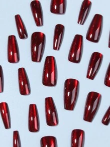 24pcs/Set Y2K Aesthetic Blood-Red Crystal Cat Eye Press On Nails, Long Coffin Red Cat Eye Acrylic False Nails ,Contain 1pc Jelly Glue And 1pc Nail File, Suitable For Woman & Girl Daily Wear Rave Party Use Nail Supplies