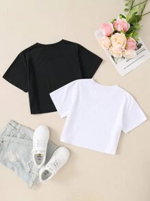Tween Girl Fashionable Casual Short Sleeve Bicolor T-Shirt 2pcs/Set, All Seasons - Black and White - View 2