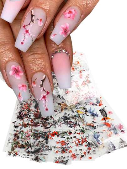 10 قطع من دبابيس الكرز المتساقطة على شكل نايل صيني، شرائط نقل أحرف الجبال، شرائح أوراق القيثارة