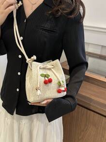 迷你休闲樱桃装饰草编抽绳水桶斜挎包，节日必备，非常适合旅行、度假、假日和海滩 - 米色 - 查看 5