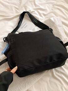 Bolso casual de estilo callejero tipo bandolera, bolso de hombro con estilo escolar, bolsa de tela grande de gran capacidad y peso ligero multifuncional, bolso escolar grande, múltiples compartimentos, perfecto para la playa, la escuela, el trabajo y el uso diario - Negro - Ver 4