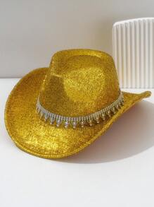 1pc Unisex Metallic Shiny Solid Color Cowboy/Cowgirl Hat With Rhinestone Water Drop-Shaped Belt, Suitable For Birthday Party, Western Themed Event, Gathering, Cosplay, Graduation Ceremony, Masquerade Ball, Festival, Wedding, Birthday Celebration, Music Festival, Coming Of Age Ceremony