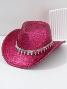 1pc Unisex Metallic Shiny Solid Color Cowboy/Cowgirl Hat With Rhinestone Water Drop-Shaped Belt, Suitable For Birthday Party, Western Themed Event, Gathering, Cosplay, Graduation Ceremony, Masquerade Ball, Festival, Wedding, Birthday Celebration, Music Festival, Coming Of Age Ceremony