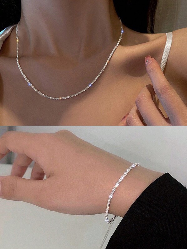 1 juego de collar y pulsera con diseño de estrellas brillantes, cadena de clavícula simple, gargantilla