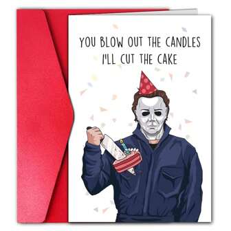 Tarjetas de cumpleaños divertidas de terror, tarjetas de cumpleaños con temática de películas de terror para él y para ella, tarjetas de cumpleaños de asesinos para amigos hombres y mujeres (Tú soplas las velas, yo corto el pastel), Navidad