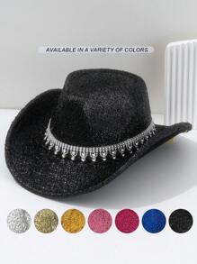 1pc Unisex Metallic Shiny Solid Color Cowboy/Cowgirl Hat With Rhinestone Water Drop-Shaped Belt, Suitable For Birthday Party, Western Themed Event, Gathering, Cosplay, Graduation Ceremony, Masquerade Ball, Festival, Wedding, Birthday Celebration, Music Festival, Coming Of Age Ceremony