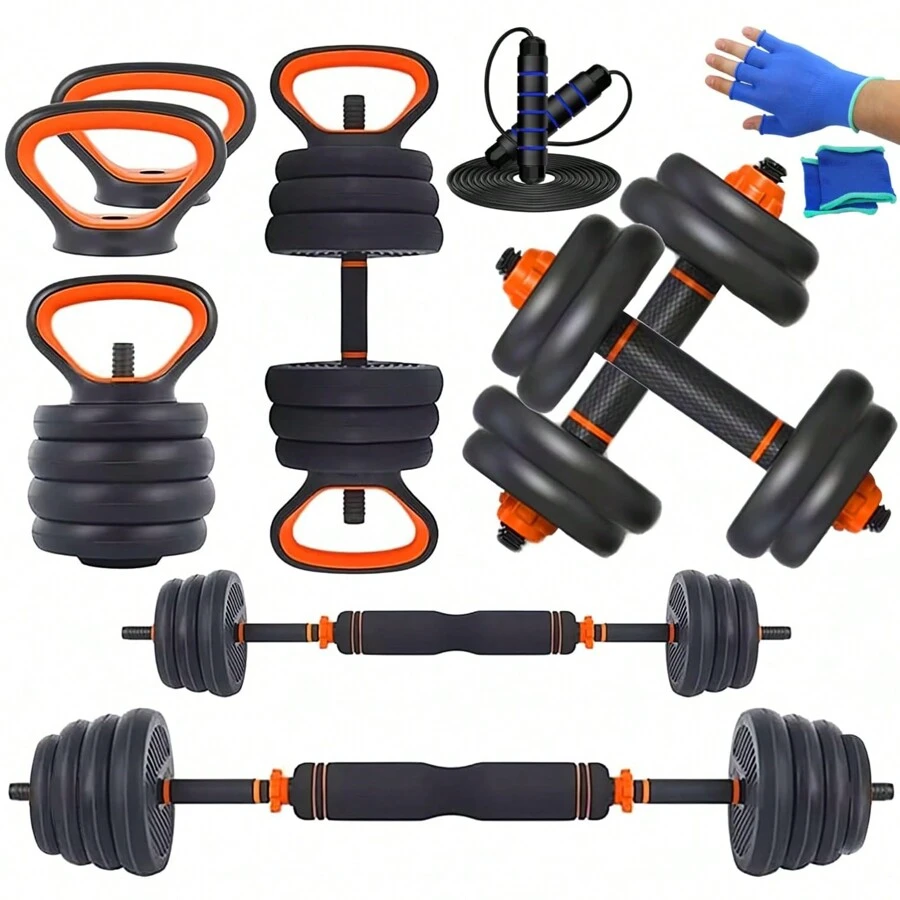 AMIARYA Juego de Mancuernas y Pesas 7 en 1 Multiusos para Ejercicios en casa Juego de Mancuernas de 10 kg de Peso Ajustable con Platos de Pesas para Ejercicios, Pesas Rusas Para Gimnasio en Casa Oficina - Naranja - Ver 1