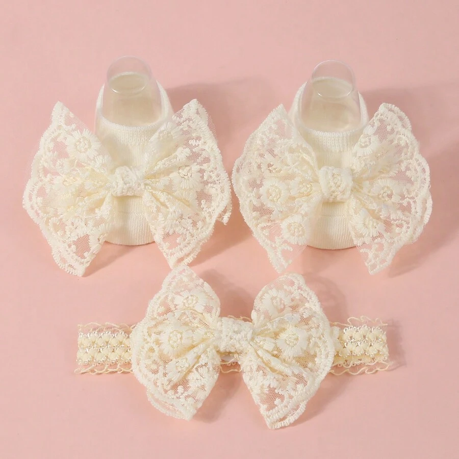 Băng đô nơ trơn màu cho bé 1 chiếc + Tất chống trượt cho trẻ sơ sinh Tất đi thuyền tập đi 1 đôi Tình yêu Valentine - Màu be - Xem 1