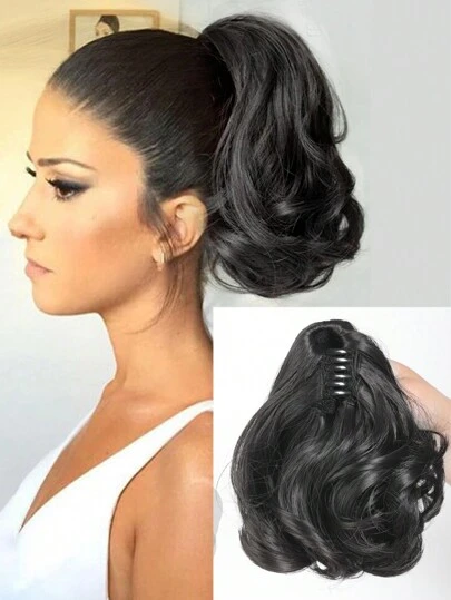 合成夾式短卷鬆波尾女假髮馬尾黑色假髮