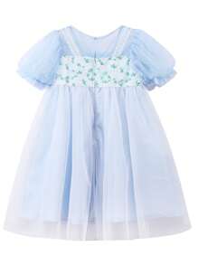 Annil Vestido azul de manga corta, de cintura alta, con estilo nacional y paraguas, fresco y elegante para niñas en verano