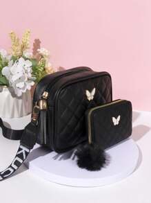 Fashionable And Simple Ladies Crossbody Bag Set, Butterfly Rhombus Embroidery Shoulder Bag, Lightweight And Compact Mobile Phone Bag With Zipper Wallet - Black - View 3