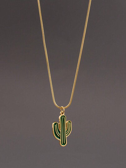 1pc Summer Casual Stainless Steel 18K Gold-Plated Green Cactus Pendant Necklace, Unisex Holiday Accessory