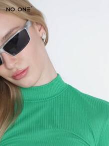 NO ONE Basic Essentials Cuello alto crop top spandex manga larga playera top tejido canalé - Verde - Ver 2