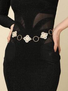 1pc Women Silver Rhinestone & Pearl Decorative Metal Waist Chain, Elegant Luxury Accessory To Match Dresses, Gowns, Versatile Body Chain - Silver - View 7