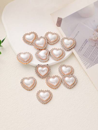 10pcs Heart-Shaped Rhinestone & Faux Pearl Decor Home Clothing Accessories DIY Jewelry Making Supplies