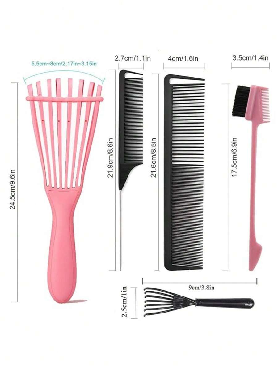 6pcs Detangler Brush With Edge Brush, Rat Tail Combs Set For Natural, Curly, Wet/Dry, Black Hair