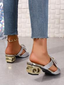Women Summer New Comfortable Chunky High Heels Fashionable Sandals European And American Style Round Toe Open Toe Rhinestone Bowknot Soft Leather Medium Heel Versatile Outdoor Slippers