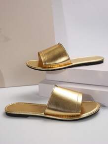Women Spring/Summer Casual Flat Sandals, Round Toe Open-Toe Gold-Colored Coin-Inspired Slippers, Outdoor Party Vintage Style Slippers