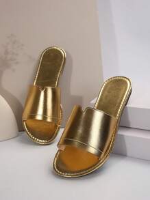 Women Spring/Summer Casual Flat Sandals, Round Toe Open-Toe Gold-Colored Coin-Inspired Slippers, Outdoor Party Vintage Style Slippers
