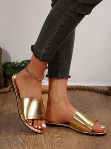 Women Spring/Summer Casual Flat Sandals, Round Toe Open-Toe Gold-Colored Coin-Inspired Slippers, Outdoor Party Vintage Style Slippers