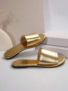 Women Spring/Summer Casual Flat Sandals, Round Toe Open-Toe Gold-Colored Coin-Inspired Slippers, Outdoor Party Vintage Style Slippers