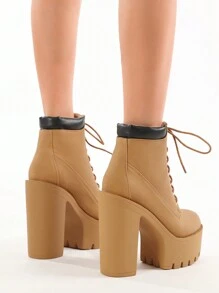 Gdgydh Fashion Spring Autumn High Heels Ankle Boots For Women Lace Up Thick Heel Platform Boots Yellow Women's Chunky Heeled Short Boots - Yellow - View 5