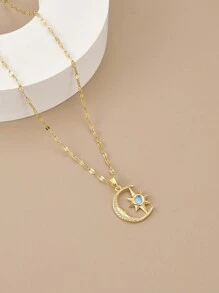 1pc Fashion Starry Sky & Moon Crystal Butterfly Stainless Steel Necklace For Women