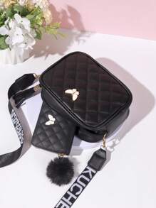 Fashionable And Simple Ladies Crossbody Bag Set, Butterfly Rhombus Embroidery Shoulder Bag, Lightweight And Compact Mobile Phone Bag With Zipper Wallet - Black - View 5