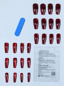 24pcs/Set Y2K Aesthetic Blood-Red Crystal Cat Eye Press On Nails, Long Coffin Red Cat Eye Acrylic False Nails ,Contain 1pc Jelly Glue And 1pc Nail File, Suitable For Woman & Girl Daily Wear Rave Party Use Nail Supplies