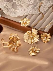 5 cái/bộ Đính đá Cubic Zirconia thời trang & Trang trí hoa ngọc trai giả được thiết kế thanh lịch Bộ trang sức nữ cao cấp, hoàn hảo làm quà tặng cho buổi hẹn hò và kỳ nghỉ - Vàng - Xem 4