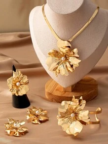 5 cái/bộ Đính đá Cubic Zirconia thời trang & Trang trí hoa ngọc trai giả được thiết kế thanh lịch Bộ trang sức nữ cao cấp, hoàn hảo làm quà tặng cho buổi hẹn hò và kỳ nghỉ - Vàng - Xem 2